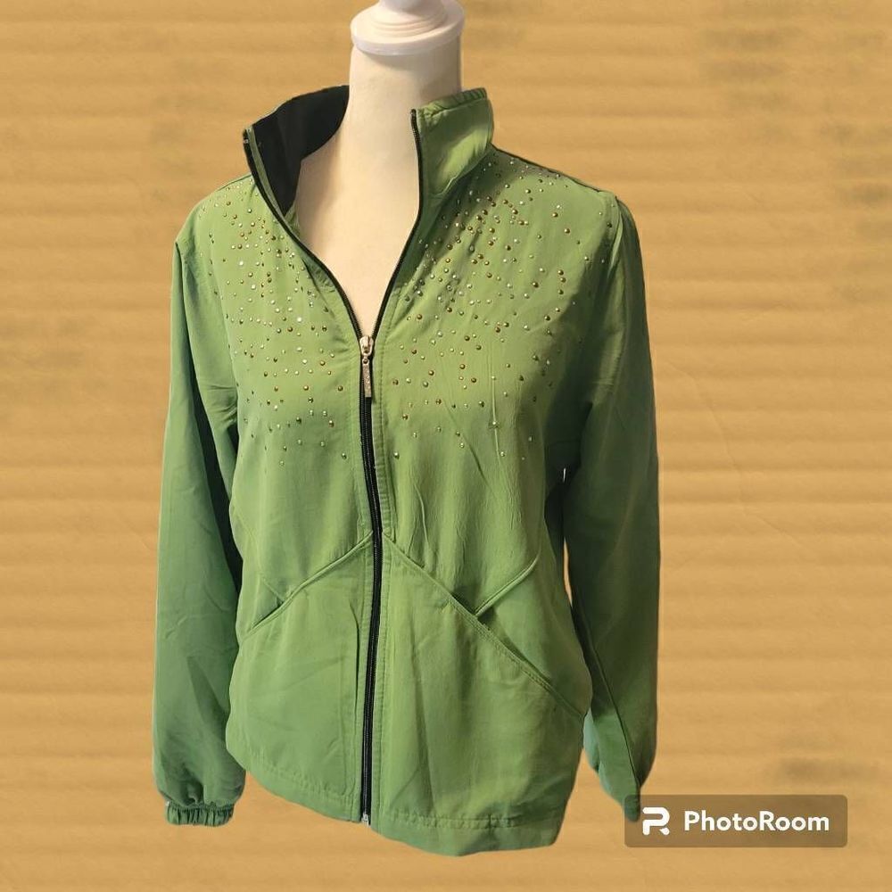 AC-TIV-OLOGY Womens Medium Green Metal Studded  Accent Full Zip Jacket Size Medi